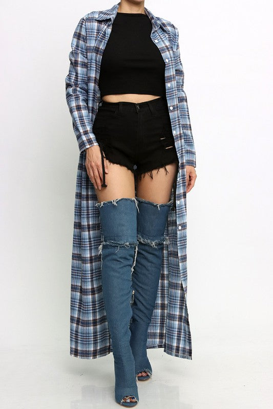 Women Loose Plaid Long Sleeve Shirt Maxi Dress Retro Casual